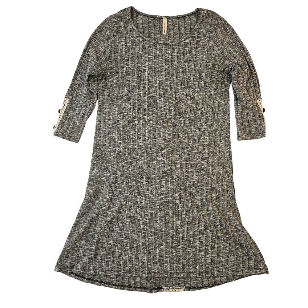 Orange Creek Grey Marled Ribbed Knit Tunic Dress Lace Trim 3/4 Sleeve Small